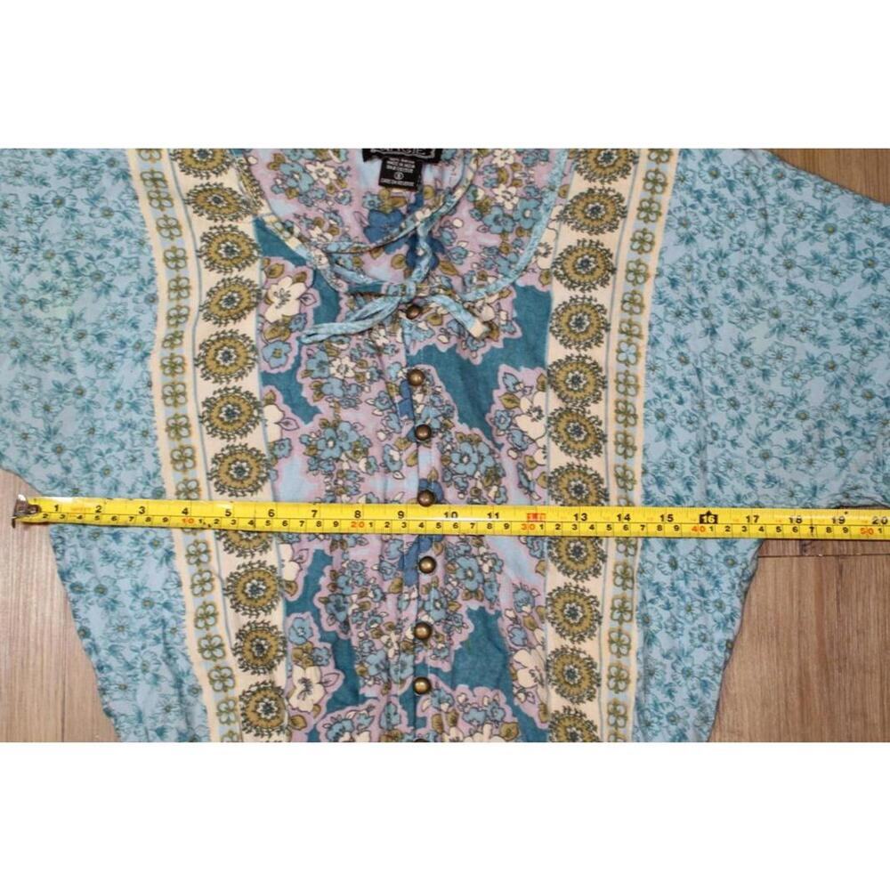 Angie Dress Multicolor Boho Floral Button Front Tie Neck - Blue, Gold - Small - Picture 6 of 7